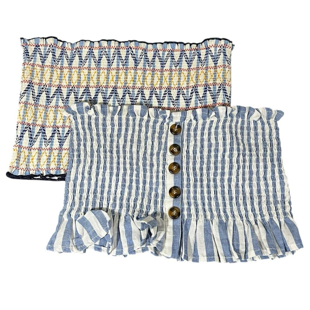Lot of 2 Womens Ruched Tube Tops Size M Cotton Linen Stripe peasant festival